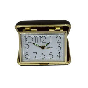 VTG 1970s Bulova Wind-Up Travel Alarm Clock Gold Folding Case 3.5" NOT WORKING